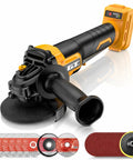 Badass No Nonsense Cordless Angle Grinder For 20V Battery Systems Featuring Brushless Motor and Smooth Variable Speed with cutting discs.