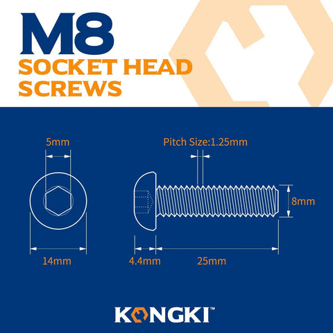 M8 X 25mm Button Head Socket Cap Bolts 304 Stainless Steel Allen Drive Fasteners technical drawing with dimensions.