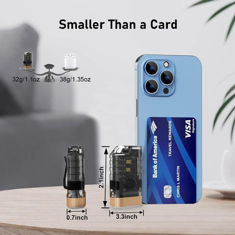 Grab And Go EDC Flashlight With 365 Nanometer UV Light USB C Rechargeable Keychain Flashlight beside credit card and phone