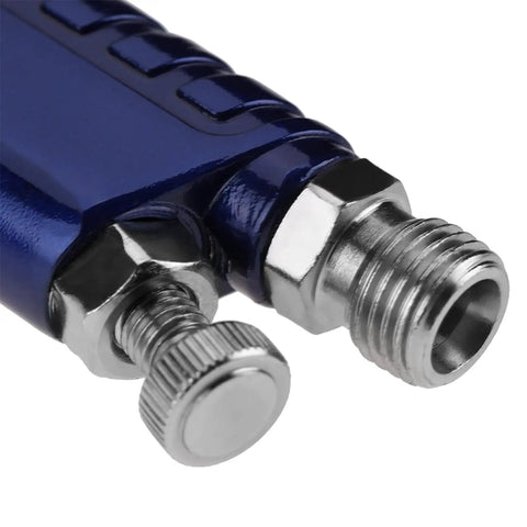 Close-up of High End Mini Pneumatic Paint Sprayer with Gravity Feed Cup and 0.8MM Nozzle, showcasing the air connector and adjustment knob.