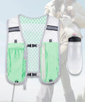 Green hydration vest pack for running and outdoor adventures, lightweight breathable backpack with adjustable water reservoir, front view