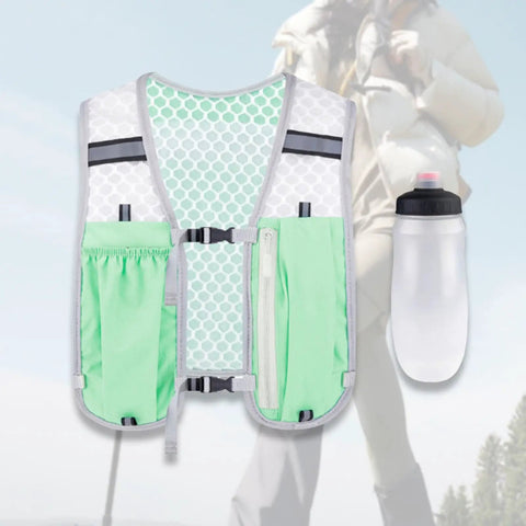 Green hydration vest pack for running and outdoor adventures, lightweight breathable backpack with adjustable water reservoir, front view