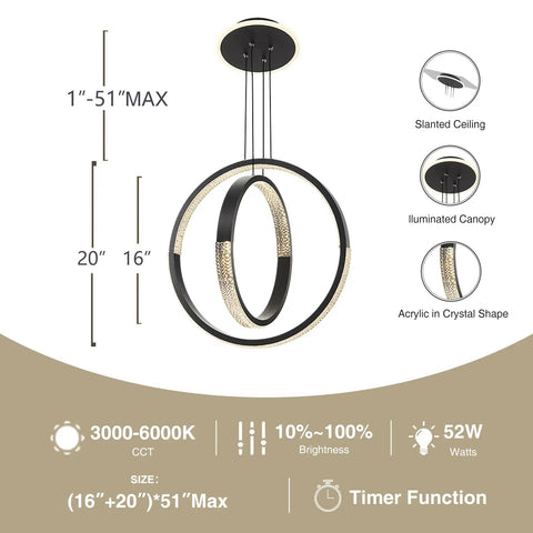 Modern LED Chandelier With Dimmable Remote Control, Acrylic Crystal Ring Pendant Light, Two Ring Design, Gray, size details