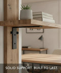 Sturdy L Shaped Wall Mount Bracket For Floating Shelves And Desks, Black Cold Rolled Steel supporting wood shelf with decor items