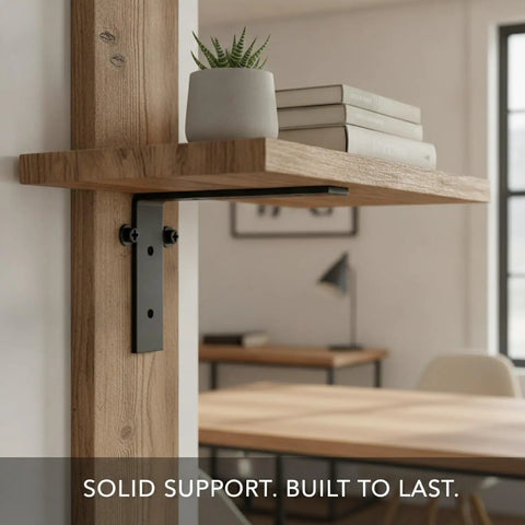 Sturdy L Shaped Wall Mount Bracket For Floating Shelves And Desks, Black Cold Rolled Steel supporting wood shelf with decor items