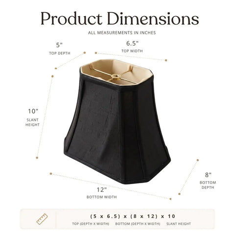 Rectangle Cut Corner Lamp Shade 5x6.5 Top By 8x12 Bottom 10 Inch Slant Height Black With Gold Lining dimensions view