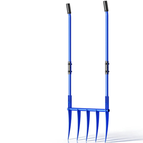 Heavy Duty Broadfork 56 Inch Garden Tool With Unbreakable Build And Five 11 Inch Cambered Tines, Ergonomic Handles, Blue Finish