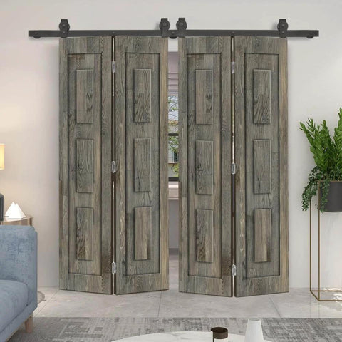 56 In By 84 In Three Panel Shaker Hollow Core Weather Gray Pine Wood Double Bi Fold Door With Sliding Barn Door Hardware Kit And 63 In Track Includes Two 28 In By 84 In Doors Durable Finger Joint Pine Warp Resistant For Indoor Closets And Room Dividers front view installed in living room