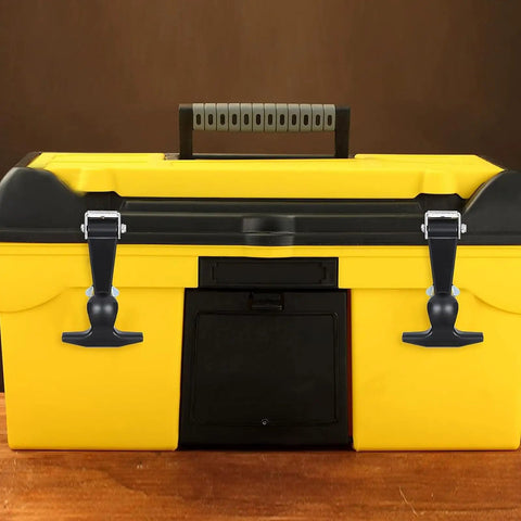 Beefy Flexible Rubber Draw Latch Set With Elastic Five Pound T Bar Lock and Stainless Steel Bracket on yellow toolbox clasp