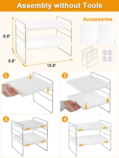Assembly guide for Expandable Foil And Plastic Wrap Organizer, 3-Tier Height Adjustable Kitchen Cabinet Rack, adjustable 9.8 to 15.6 inch length