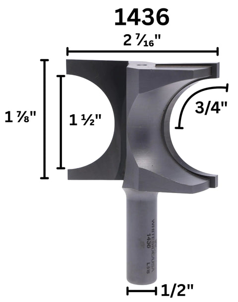 Pro Grade Heavy Duty Half Round Router Bit 3/4 Inch Radius With 1-7/8 Inch Cutting Length, carbide-tipped, dimensions view