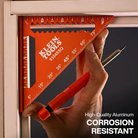 4-1/2 Inch Aluminum Trim Square With Dual Reference Base And Laser-Etched Markings For Rafter And Carpenter Work in use