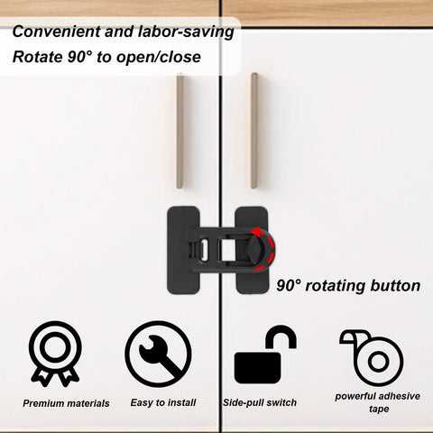 5 Pack Child Safety Cabinet Locks With 10 Adhesive Backings, black ABS lock on cabinet doors, easy 90° rotation mechanism.