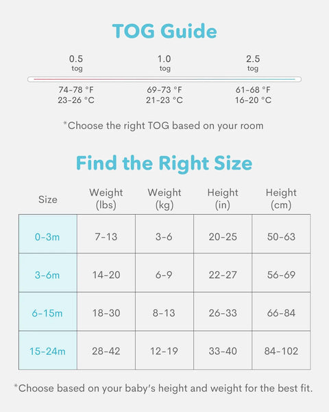 TOG guide and size chart for Soft Breathable Viscose Bamboo Sleep Sack For Babies 6 12 18 Months One TOG Wearable Blanket Slate Color