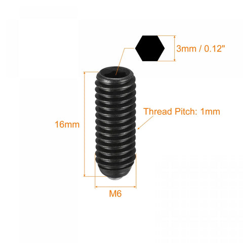 Ball Point Set Screws 5 Pack M6 x 16mm High Carbon Steel Spring Hex Socket Grub Screw with dimensions and thread size annotations