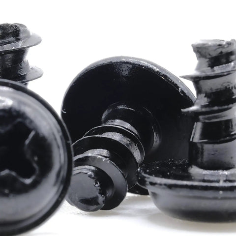 Close-up of BMW Rear License Plate Screws M5 x 8mm Coarse Thread Stainless Steel Black Oxide Pack of 4 on white background.