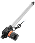 Side view of 12V 16-inch heavy-duty linear actuator with mounting bracket; silver aluminum body, black motor.