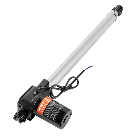 Side view of 12V 16-inch heavy-duty linear actuator with mounting bracket; silver aluminum body, black motor.