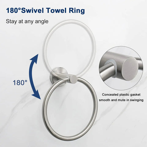 180° swivel towel ring with brushed nickel finish in the 2 Pack Brushed Nickel Bathroom Towel Ring Set, featuring smooth movement.