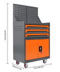 Rolling Tool Cart With Drawers Tool Box Organizer For Auto Repair And Workshop Use Built From Thick Steel With Rust Resistant Finish Includes Top Tray And Interior Liners For Scratch Protection Great For Garage And Warehouse, with pegboard and lockable drawers, grey and orange color.