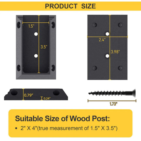 Railing Bracket Connectors For 2x4 Wood Posts Built Tough Nylon Construction dimensions and screw size shown.
