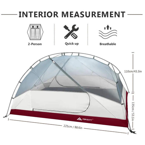 Interior of Two Person Waterproof And Windproof Camping Tent For All Season Backpacking Lightweight Aluminum Poles Quick Setup