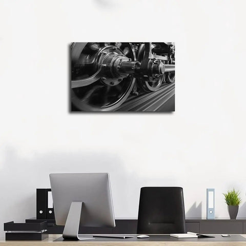 Speeding Steam Locomotive Wheels Black And White Transport Canvas Poster For Living Room And Bedroom Decor Unframed 24x36 Inch Wall Art