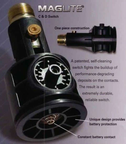 Tough As Nails Heavy Duty 3 Cell C Battery Flashlight With Bright Incandescent Bulb And No Nonsense Fail Safe Switch detailed view of switch mechanism
