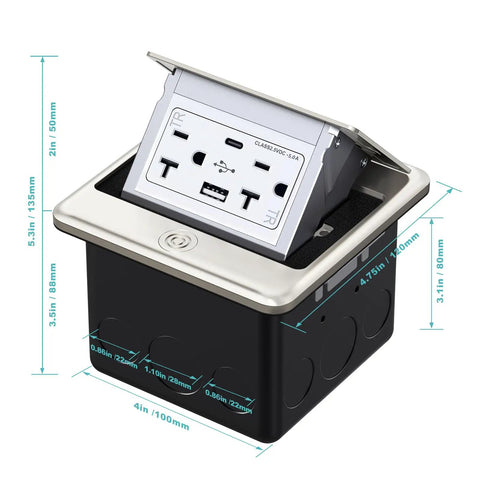Pop Up Floor Outlet Box With 20 Amp Tamper Resistant Type A And Type C USB 5V 5A Receptacle Corrosion Resistant Hardware ETL Listed