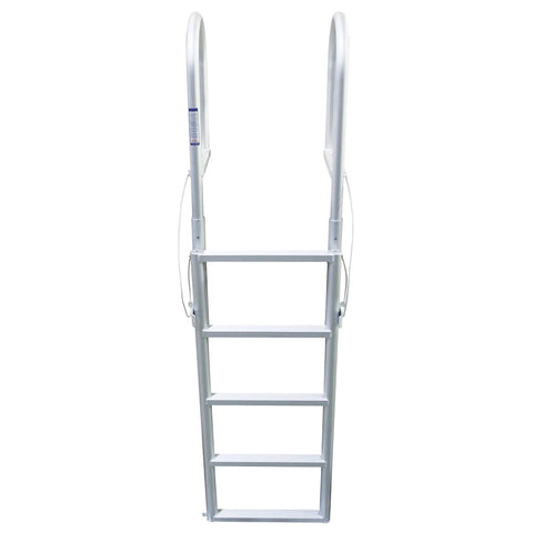 Sliding Dock Ladder 5 Steps No Fuss, Sturdy Aluminum Welded Build, Easy Assembly With Common Tools, Keeps a Permanent Mount Yet Removable From the Water, Minimal Boat View Obstruction, Durable Hardware, Backed by a Two Year Warranty. 5-step aluminum dock ladder front view