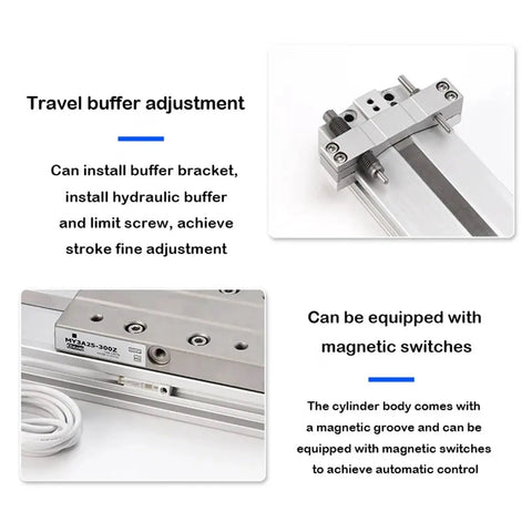 Heavy Duty Pneumatic Rodless Cylinder Mechanical Joint Shock Absorber Plug And Play Air Slide showing travel buffer adjustment features.