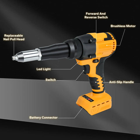 Brushless Cordless Rivet Gun Compatible With Dewalt 20V Max showing replaceable nail pull head and anti-slip handle.