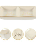 Premium Ceramic Jewelry Dish With Shimmering Gold Trim Dual Grid Holder For Ring And Bling Stash Small Trinket Catchall Plate in cream with Mr and Mrs lettering.