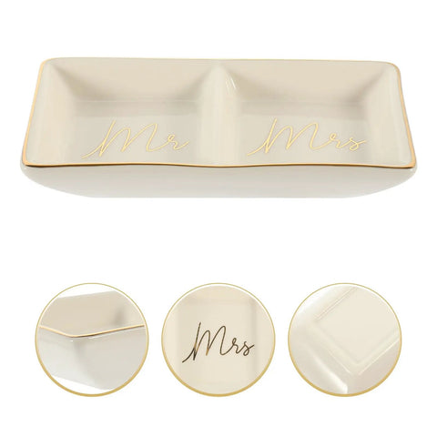 Premium Ceramic Jewelry Dish With Shimmering Gold Trim Dual Grid Holder For Ring And Bling Stash Small Trinket Catchall Plate in cream with Mr and Mrs lettering.