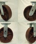 Set Of Four 8 By 2 Inch Heavy Duty Casters With Kingpinless Ductile Steel Wheels Delivering 2000 Lb Capacity Each, showing swivel and rigid designs.