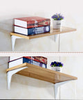 Rock Solid White Wall Mount Shelf Brackets Heavy Duty L Angle Furniture Supports Rust Resistant Waterproof Metal Hardware 2 Pack Indoor Outdoor Home Upgrade Essentials with books and plant on wooden shelf.