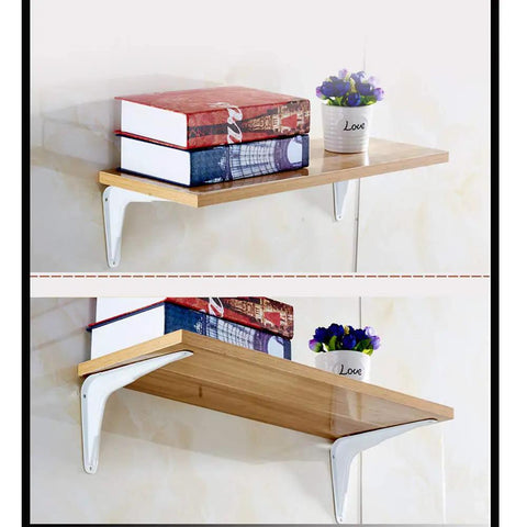 Rock Solid White Wall Mount Shelf Brackets Heavy Duty L Angle Furniture Supports Rust Resistant Waterproof Metal Hardware 2 Pack Indoor Outdoor Home Upgrade Essentials with books and plant on wooden shelf.