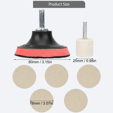 Car Glass Scratch Remover Kit With 100G Cerium Oxide Powder showing 80mm disk, 25mm wool wheel, polishing pads