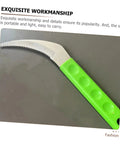 Close-up of small hand rake from Two Pack Stainless Digger Sickle Garden Tool Set For Weeding And Cutting Vines with green grip handle