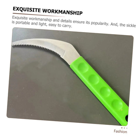 Close-up of small hand rake from Two Pack Stainless Digger Sickle Garden Tool Set For Weeding And Cutting Vines with green grip handle