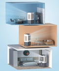 Portable Evaporative Air Conditioner With Remote And Wide Angle Oscillation Plus 3 In 1 Swamp Cooler And Humidifier in various room settings.