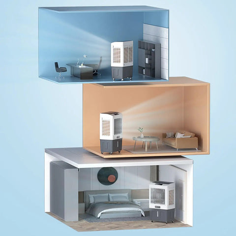 Portable Evaporative Air Conditioner With Remote And Wide Angle Oscillation Plus 3 In 1 Swamp Cooler And Humidifier in various room settings.