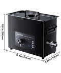 Heavy Duty 6 Liter Ultrasonic Cleaner With Digital Timer And Heater displaying dimensions and control panel for easy operation.