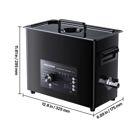 Heavy Duty 6 Liter Ultrasonic Cleaner With Digital Timer And Heater displaying dimensions and control panel for easy operation.