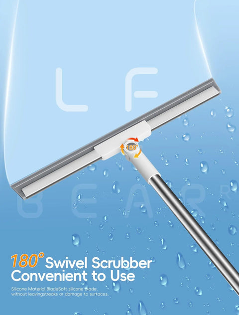 All In One Floor Squeegee Kit With Long Handle Rugged Heavy Duty Rubber Blade on blue background with water drops