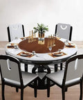 Smooth Rotating Wood Lazy Susan Turntable Serving Tray on dining table with elegant decor, fits 50-inch tables, perfect for gatherings.