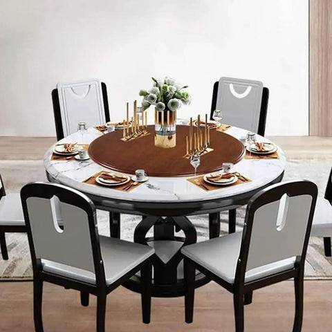 Smooth Rotating Wood Lazy Susan Turntable Serving Tray on dining table with elegant decor, fits 50-inch tables, perfect for gatherings.