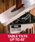 Benchtop Oscillating Spindle Sander With One Half Horsepower 115 Volt Single Phase Precision Ball Bearing Spindle Support shown tilted