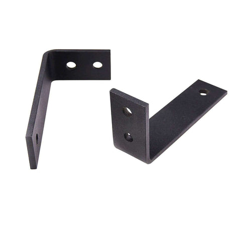 Close-up of black metal brackets for Double Sliding Lite Panel Barn Bypass Doors 64 By 84 Inch with hardware holes