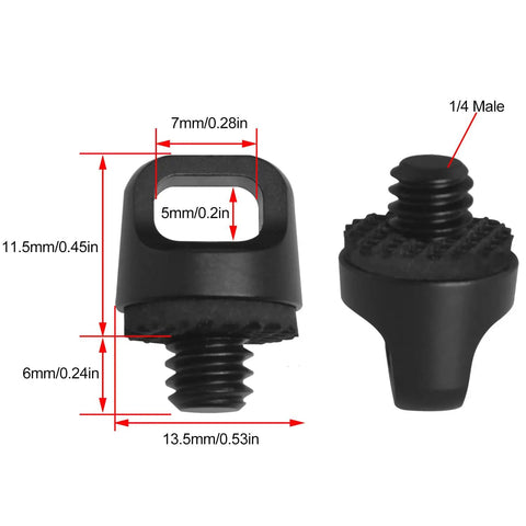 Set Of Two Quick Release Camera Strap Screws Featuring A 1/4 Inch Mount With Plush Rubber Buffers For A No Sweat Easy Snap On Upgrade To Your Dslr Or Mirrorless Rig In Black, showcasing dimensions.